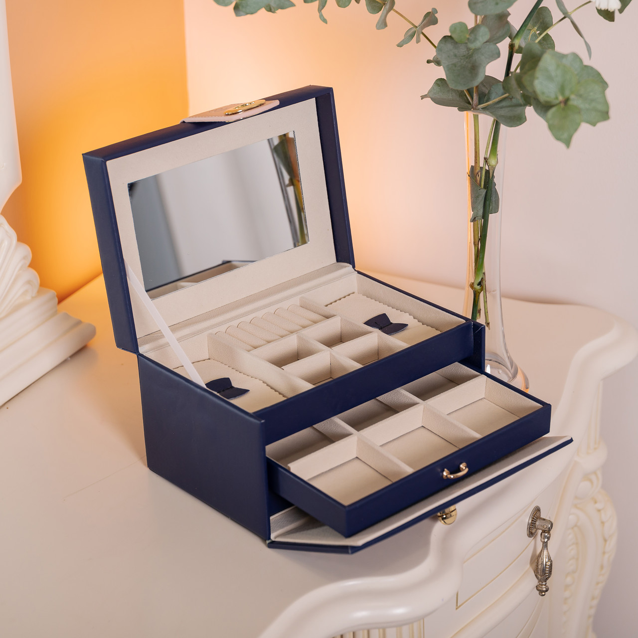 Скринька для прикрас з еко шкіри 3 яруси з дзеркалом органайзер для ювелірних виробів HP-5-17BL - Зображення 8