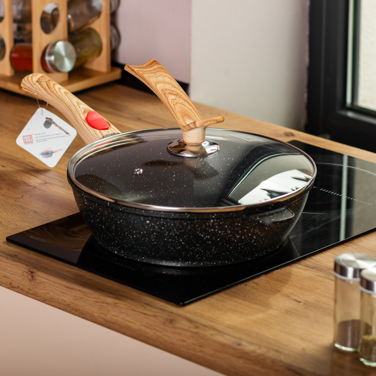 Алюмінієва глибока сковорода (3,5 л) зі скляною кришкою Ø28 см чорна MGC HP-4-465B - Зображення 7