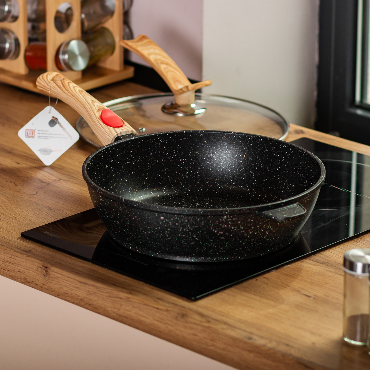 Алюмінієва глибока сковорода (3,5 л) зі скляною кришкою Ø28 см чорна MGC HP-4-465B - Зображення 8