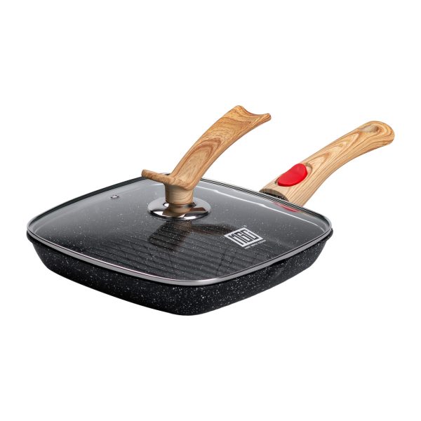 Алюмінієва сковорода-гриль 24 см зі скляною кришкою та ручкою, квадратна, чорна MGC HP-4-461B