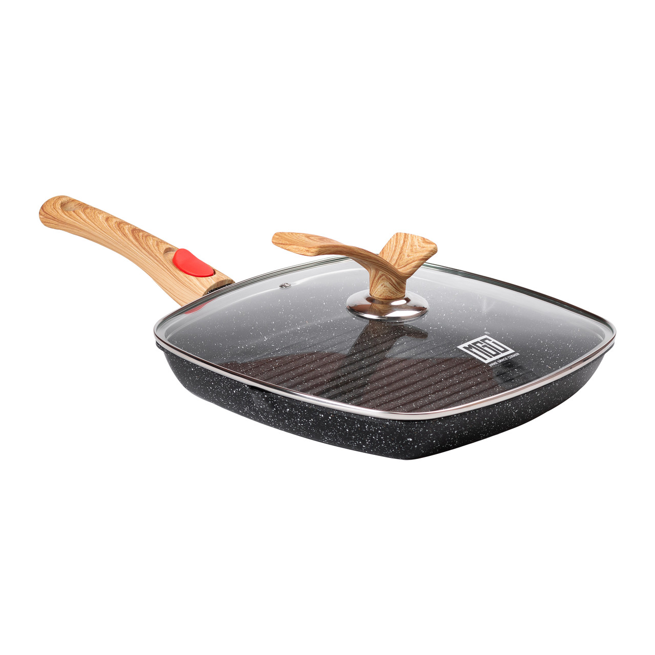 Алюмінієва сковорода-гриль 28 см зі скляною кришкою, квадратна, чорна MGC HP-4-462B - Зображення 1