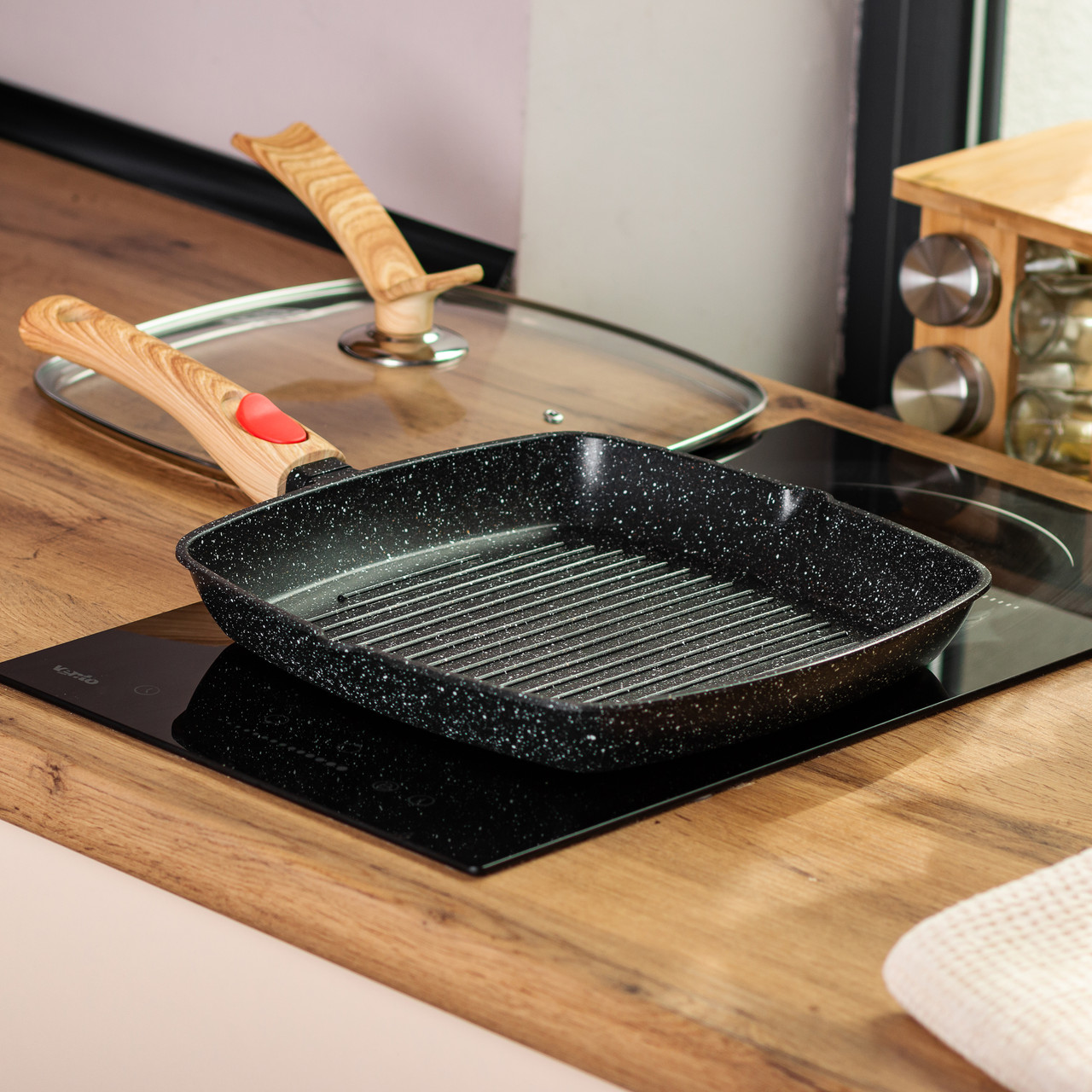 Алюмінієва сковорода-гриль 28 см зі скляною кришкою, квадратна, чорна MGC HP-4-462B - Зображення 8