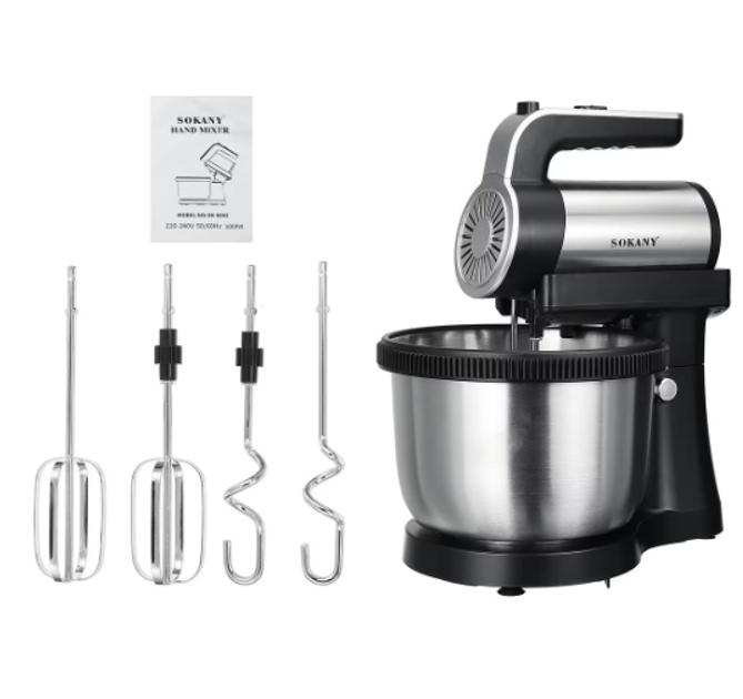 Стаціонарний міксер Sokany з чашею 4 л, 1000 Вт, 5 швидкостей, 2 насадки, віночки та гаки SK-6662 - Зображення 5