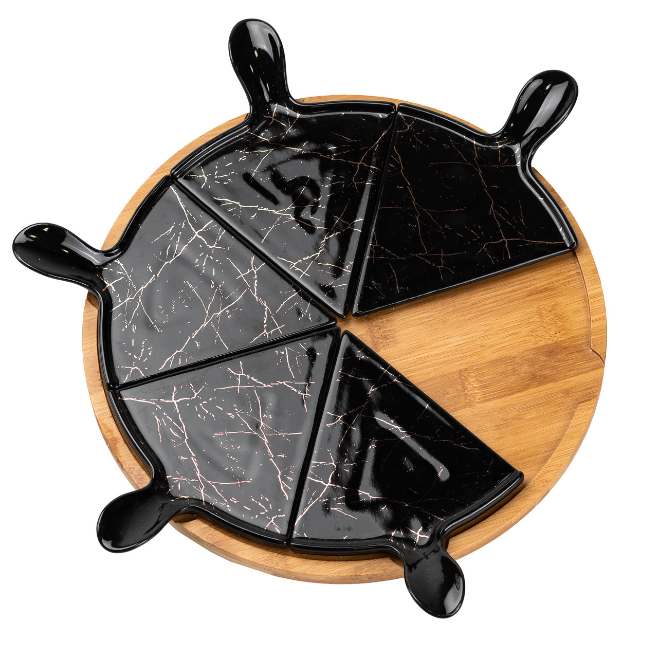 Тарілка для піци 28 см порцелянова з бамбуковою підставкою, що обертається, секційна чорна HP1247 - Зображення 4