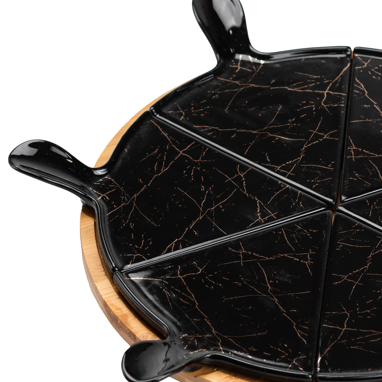 Тарілка для піци 28 см порцелянова з бамбуковою підставкою, що обертається, секційна чорна HP1247 - Зображення 7