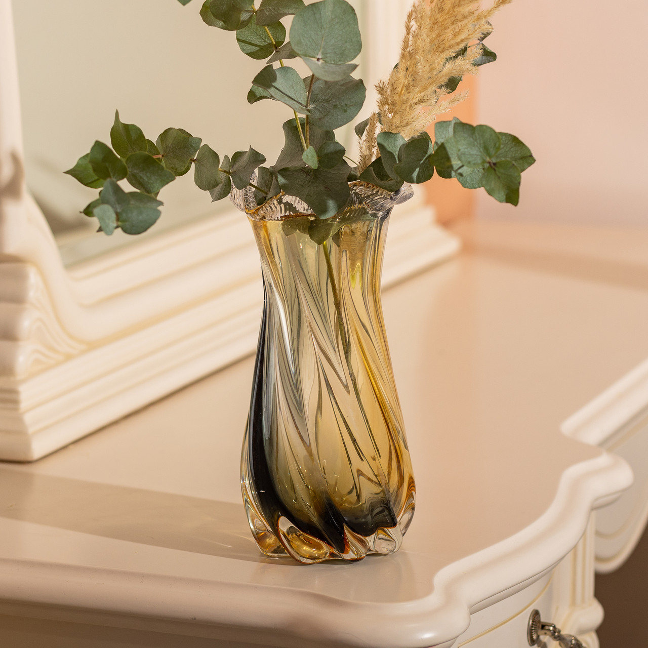 Ваза декоративна 30 см для квітів скляна фігурна ваза з кольорового скла 1.8 л Жовто-сіра HP-9-10 - Зображення 3