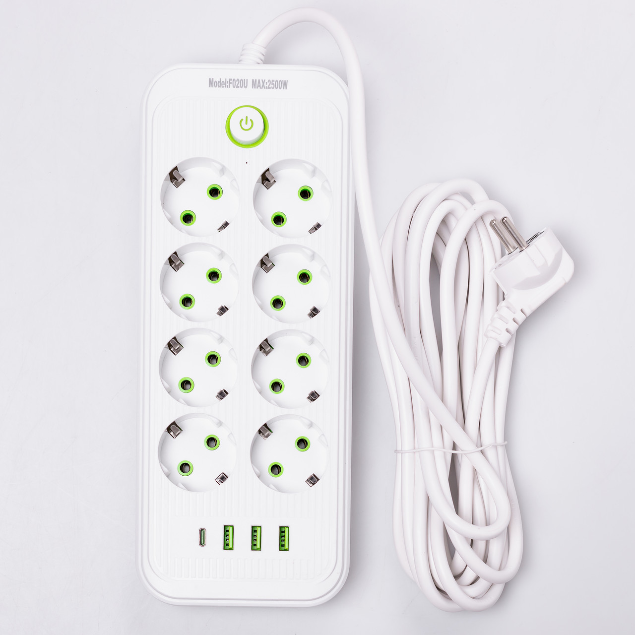Мережевий фільтр подовжувач на 8 розеток з 3 USB 1 Type-C та кнопкою відключення F20U 2.8 м Білий HP-5-27 - Зображення 1