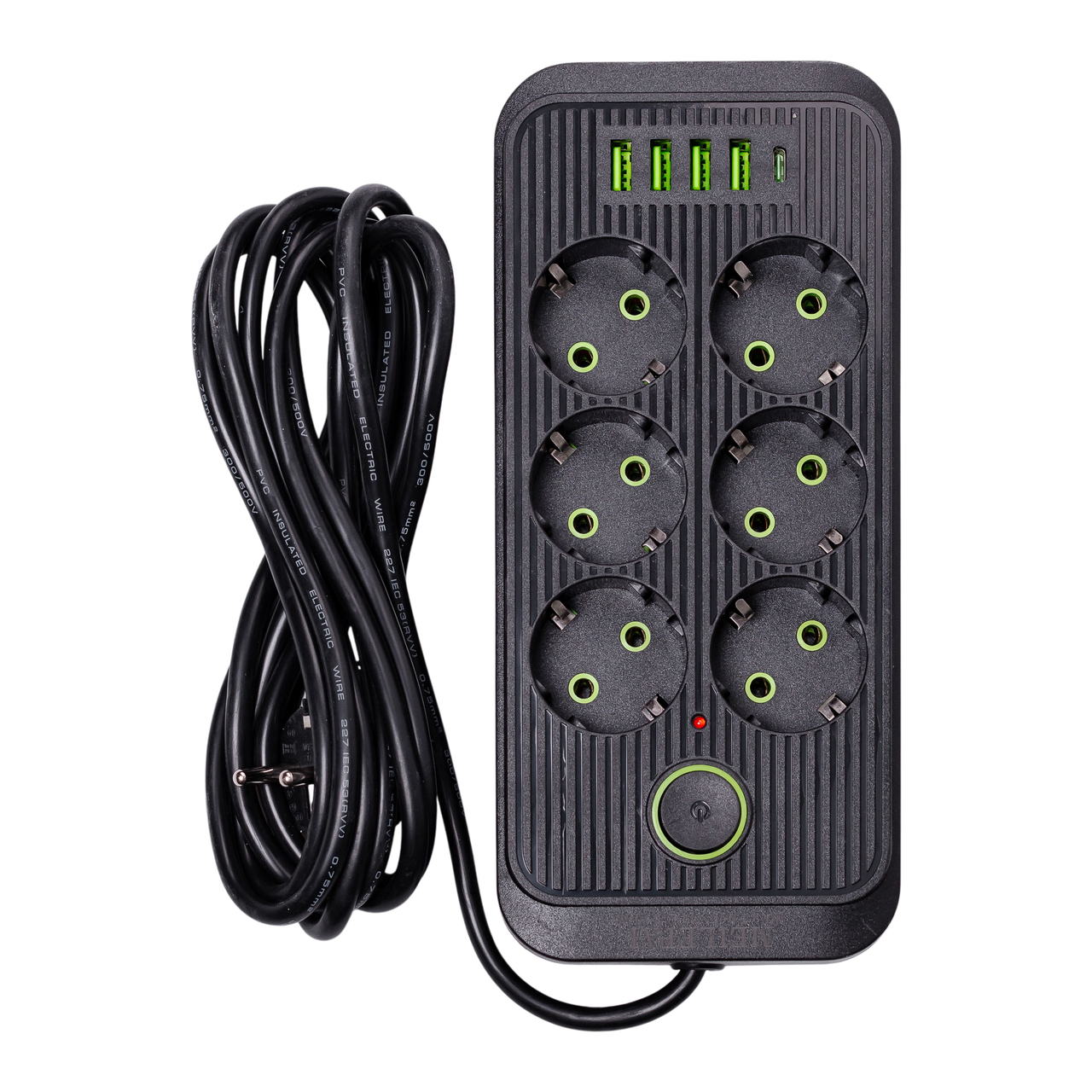 Мережевий фільтр подовжувач F06U на 6 розеток 4 USB 1 Type-C та кнопкою відключення 3 м Чорний HP-5-24 - Зображення 1