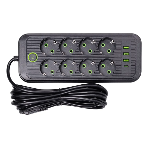 Мережевий фільтр-подовжувач на 8 розеток з 3 USB та 1 Type-C, кнопкою вимкнення F20U 4.8 м, Білий HP-5-30