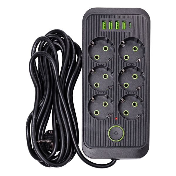 Мережевий фільтр-подовжувач F06U на 6 розеток, 4 USB та 1 Type-C з кнопкою відключення, 5 м, чорний, HP-5-26