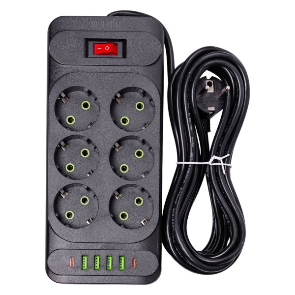 Мережевий фільтр-подовжувач 5 м з 6 розетками, 4 USB, 2 Type-C та кнопкою вимкнення HP-5-16