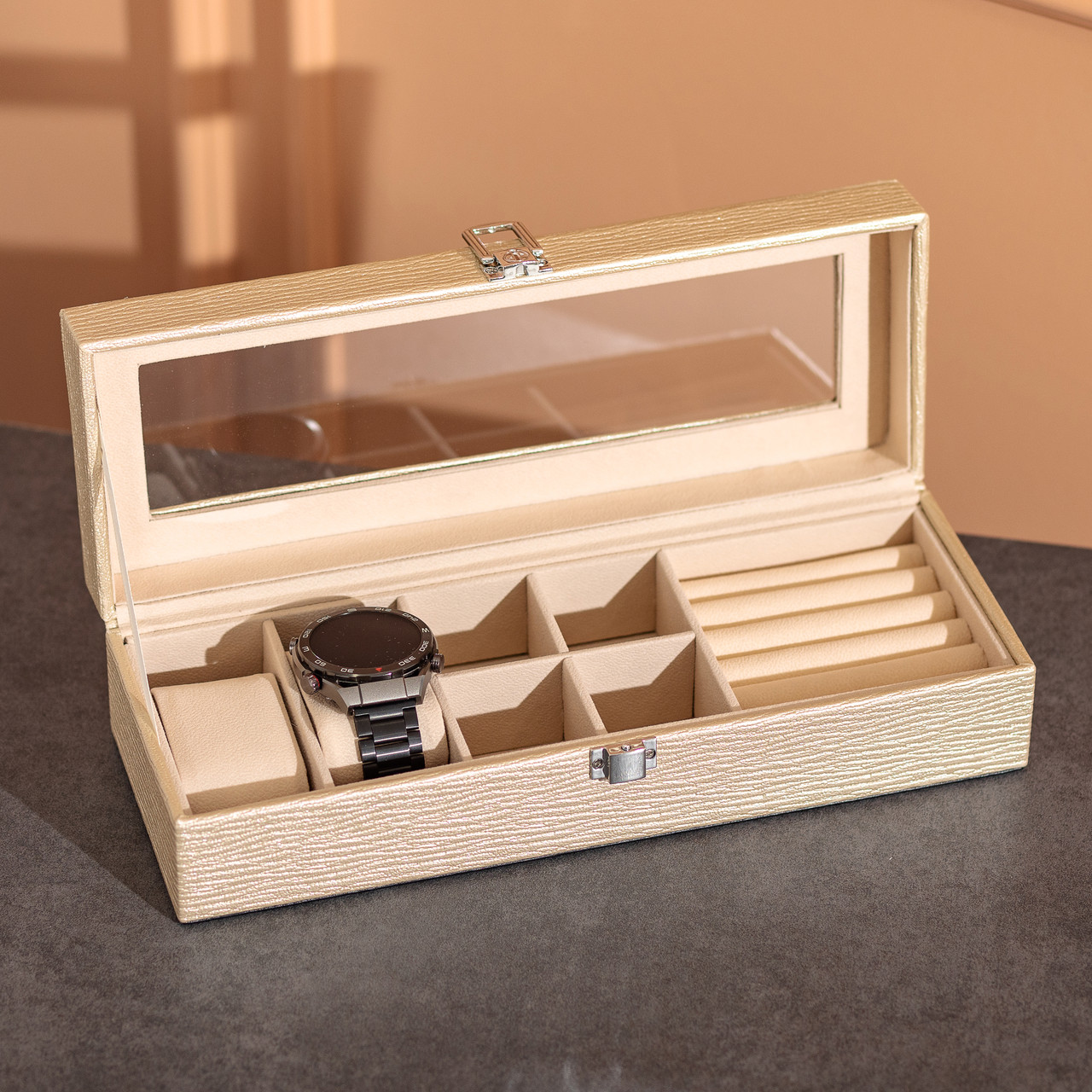 Скринька для прикрас із еко шкіри 31×11×8 см органайзер для ювелірних виробів HP-5-5BE - Зображення 7