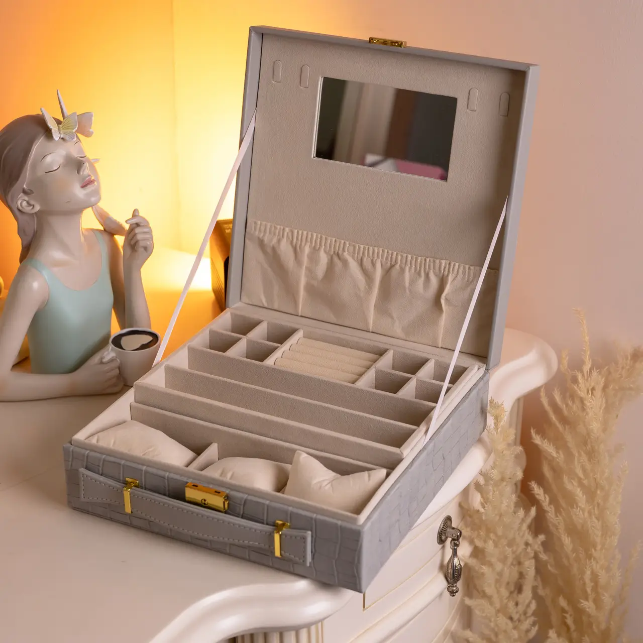 Скринька для прикрас з еко шкіри 2 яруси Сірий HP-5-35G - Зображення 9