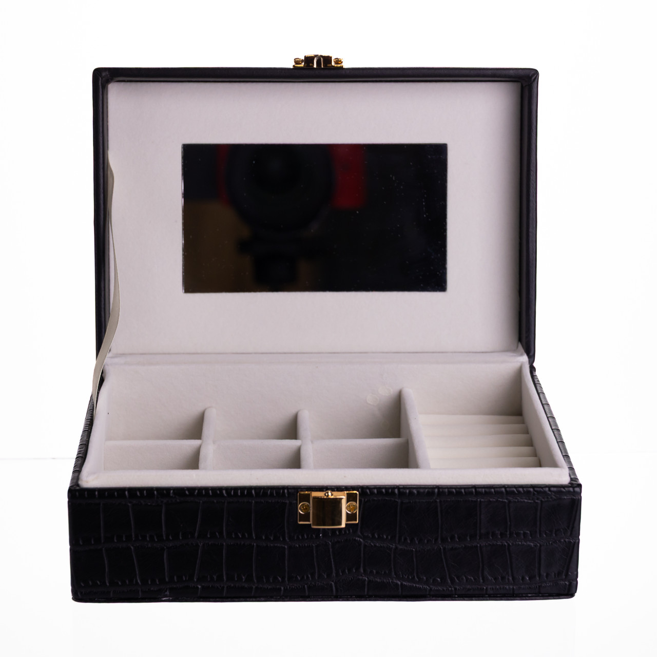 Скринька для прикрас з еко шкіри 10 відділень з дзеркалом 20×14×8 см Чорний HP-5-19B - Зображення 2