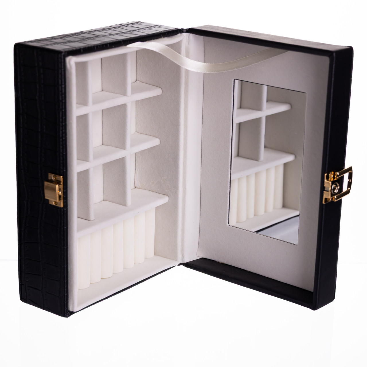 Скринька для прикрас з еко шкіри 10 відділень з дзеркалом 20×14×8 см Чорний HP-5-19B - Зображення 4