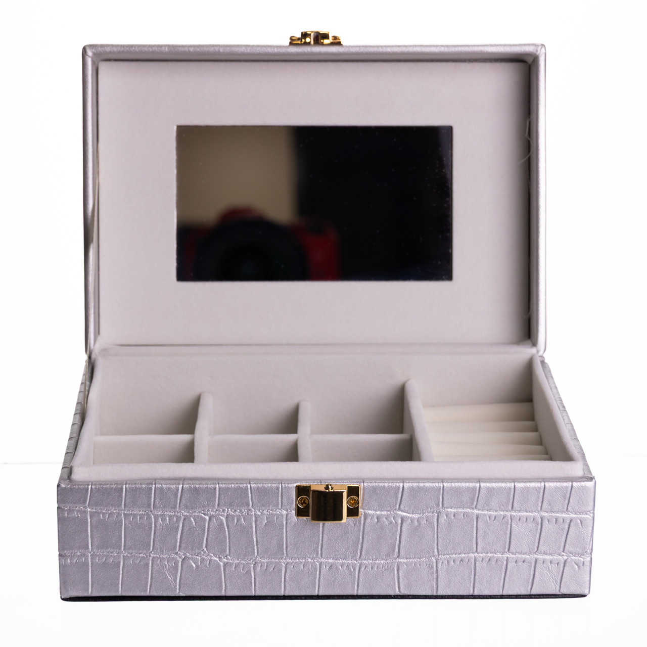 Скринька для прикрас з еко шкіри 10 відділень з дзеркалом 20×14×8 см Сірий HP-5-19G - Зображення 2