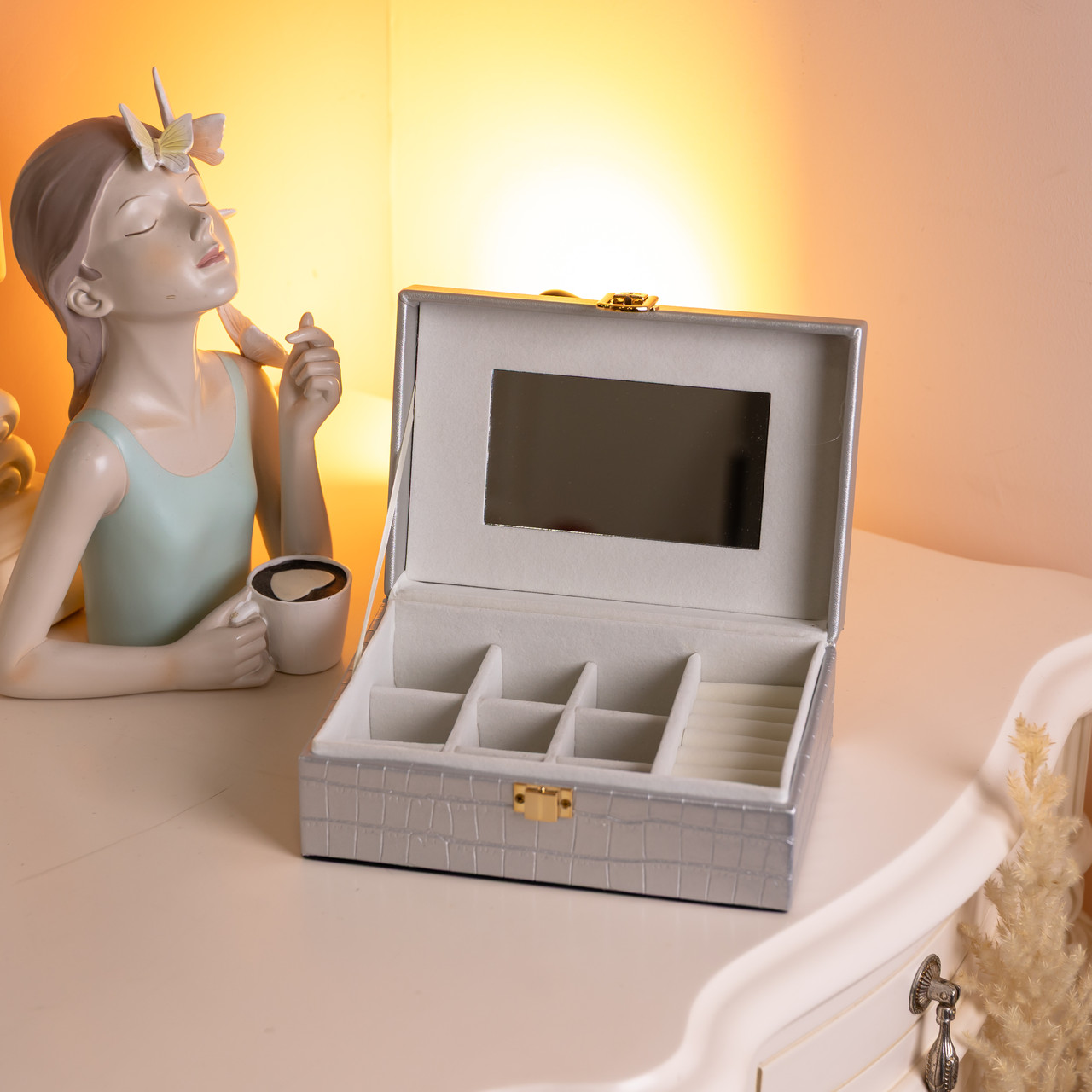 Скринька для прикрас з еко шкіри 10 відділень з дзеркалом 20×14×8 см Сірий HP-5-19G - Зображення 6