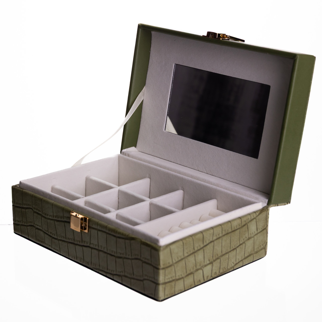 Скринька для прикрас з еко шкіри 10 відділень з дзеркалом 20×14×8 см Зелений HP-5-19GR - Зображення 2