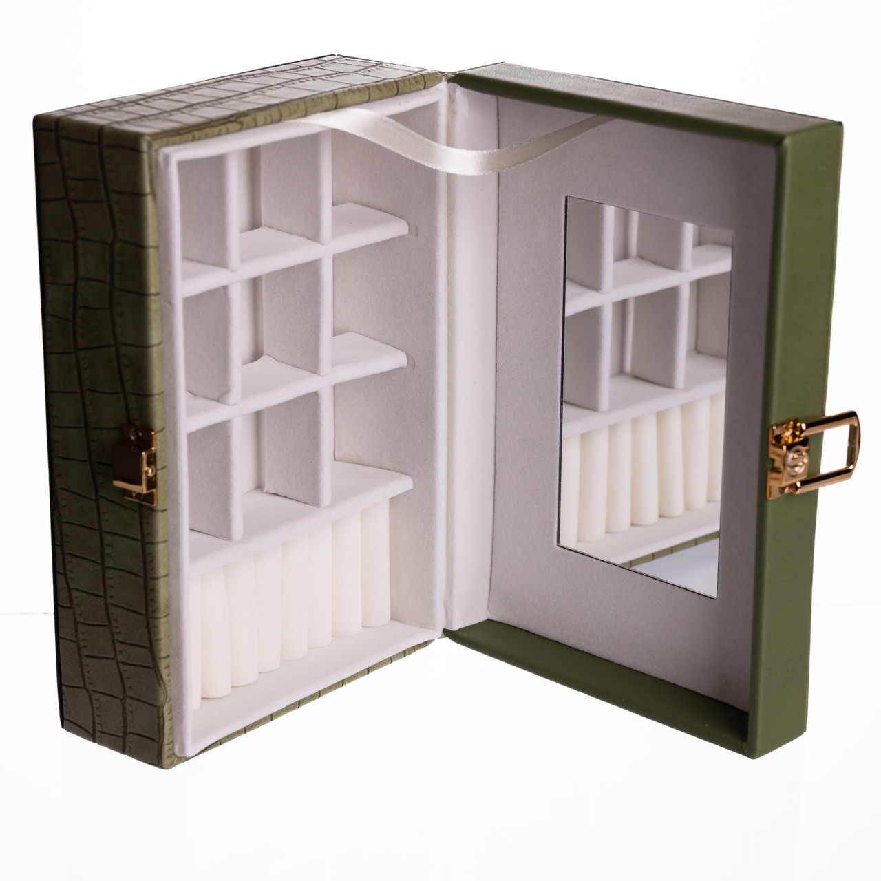 Скринька для прикрас з еко шкіри 10 відділень з дзеркалом 20×14×8 см Зелений HP-5-19GR - Зображення 4