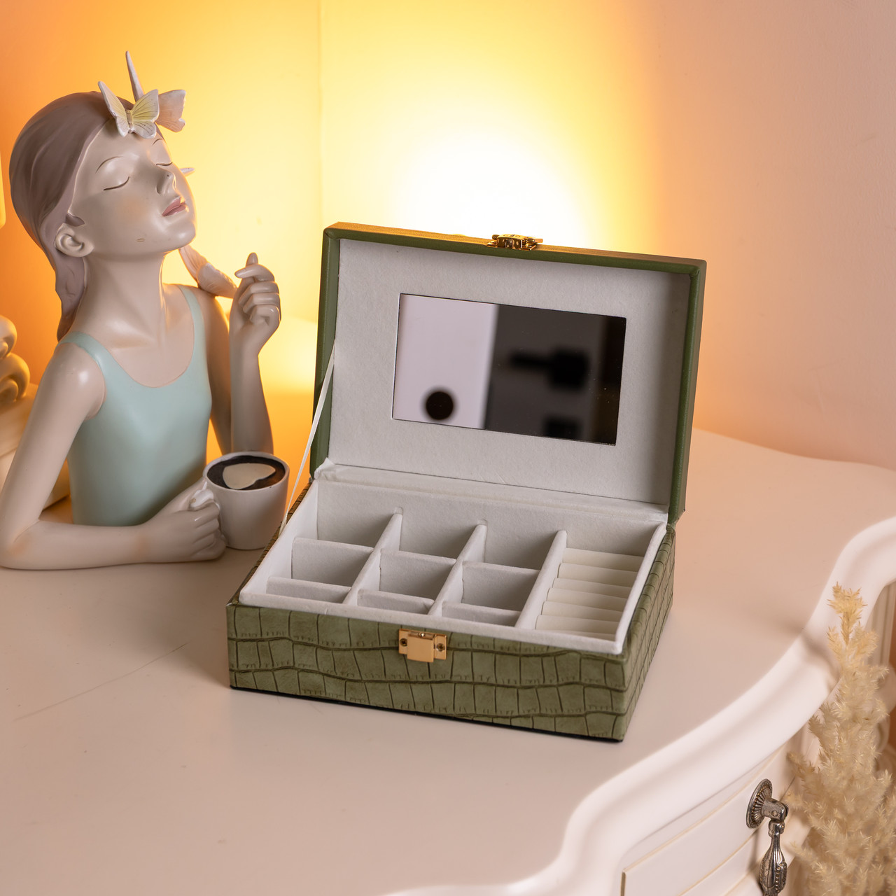 Скринька для прикрас з еко шкіри 10 відділень з дзеркалом 20×14×8 см Зелений HP-5-19GR - Зображення 5