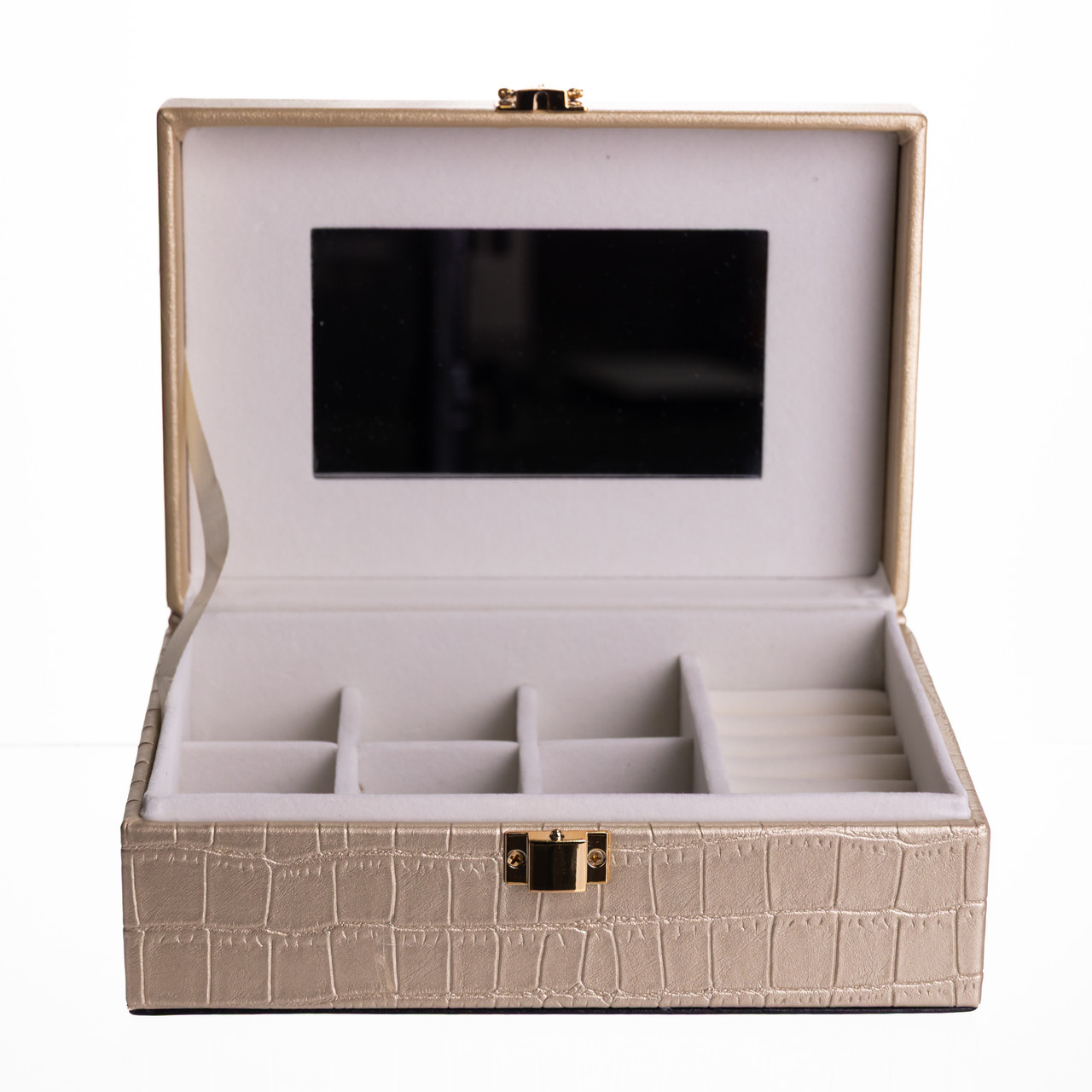 Скринька для прикрас з еко шкіри 10 відділень з дзеркалом 20×14×8 см Золотистий HP-5-19GOLD - Зображення 4