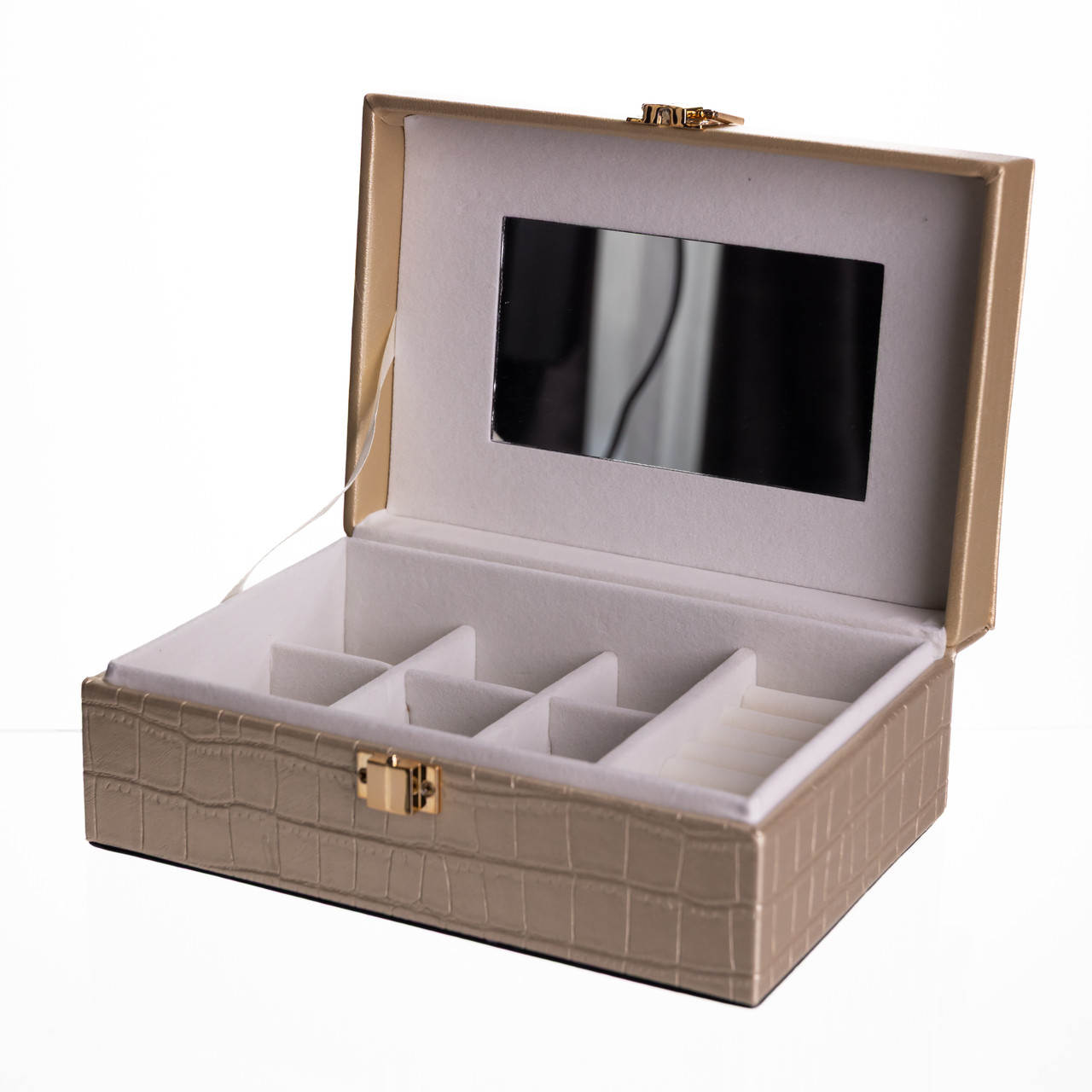 Скринька для прикрас з еко шкіри 10 відділень з дзеркалом 20×14×8 см Золотистий HP-5-19GOLD - Зображення 5