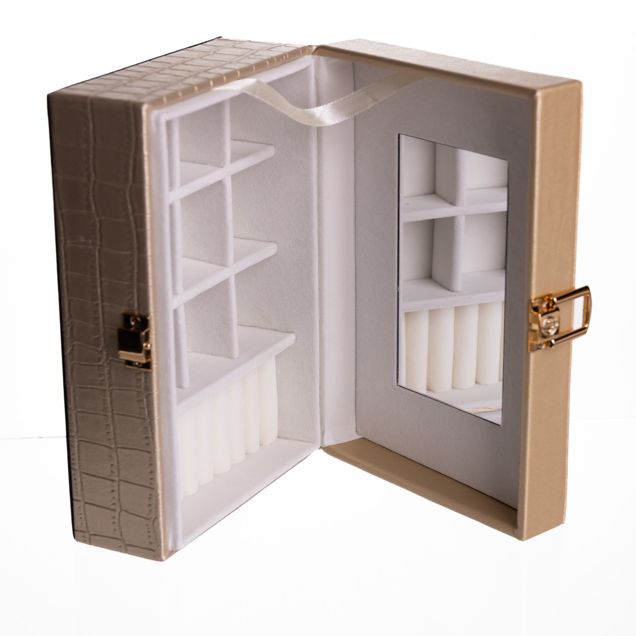 Скринька для прикрас з еко шкіри 10 відділень з дзеркалом 20×14×8 см Золотистий HP-5-19GOLD - Зображення 6