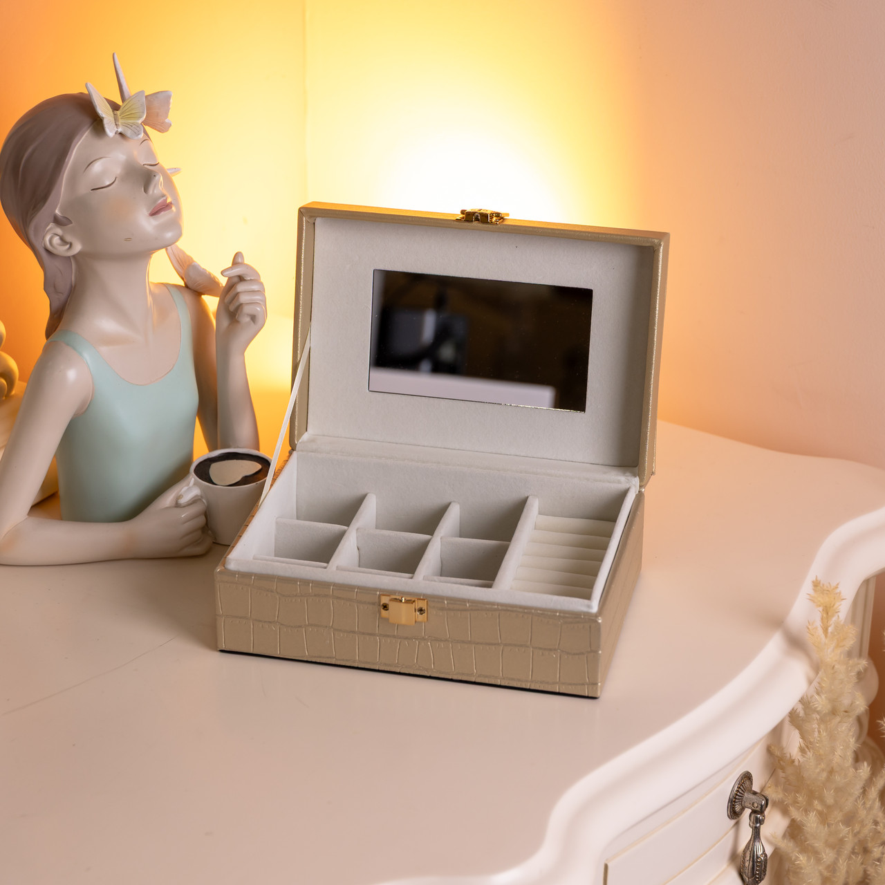 Скринька для прикрас з еко шкіри 10 відділень з дзеркалом 20×14×8 см Золотистий HP-5-19GOLD - Зображення 1