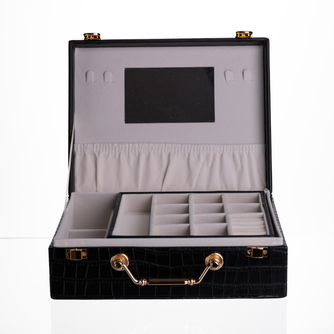 Скринька для прикрас з еко шкіри 19 відділень з дзеркалом 23.5×14×8 см Чорний HP-5-20B - Зображення 2