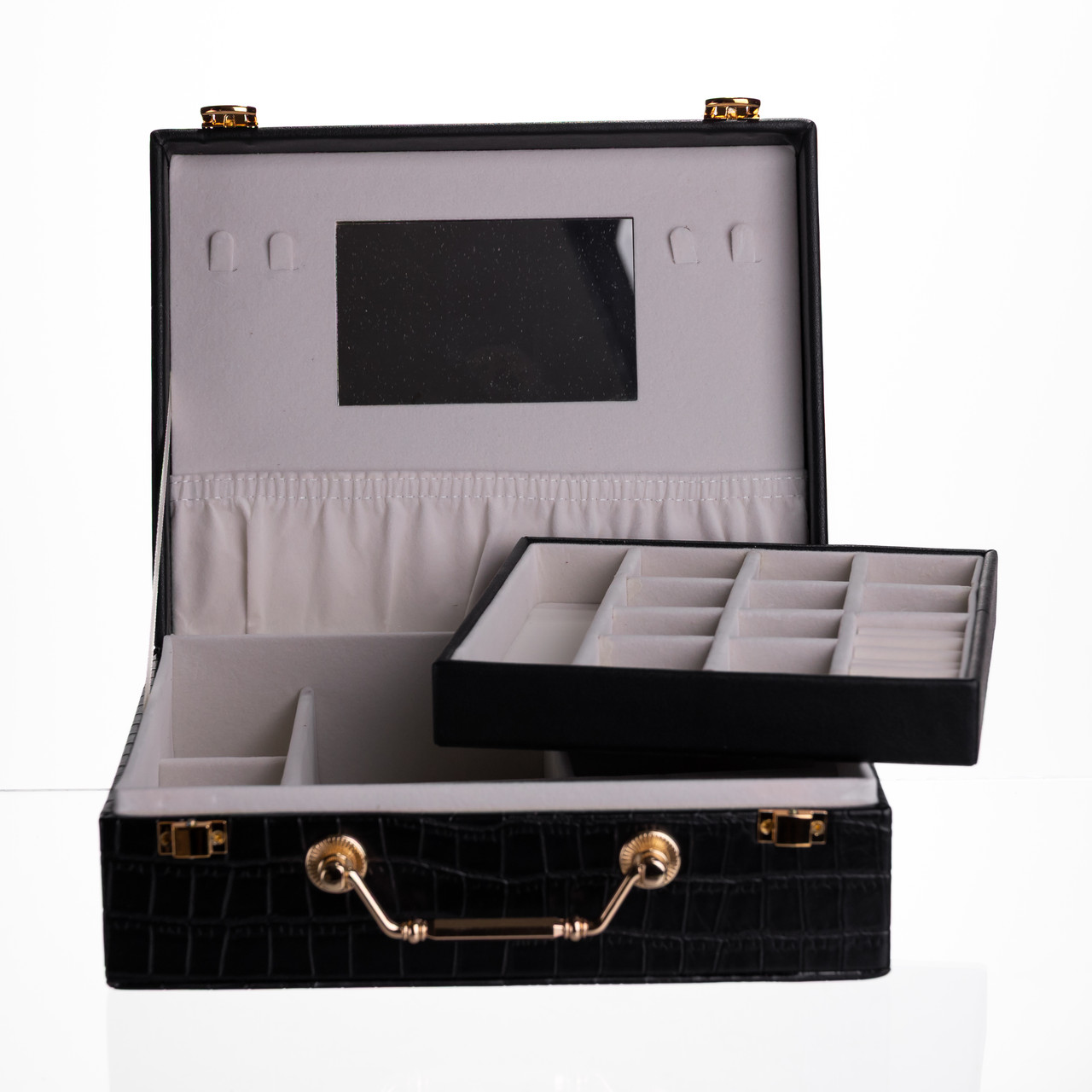 Скринька для прикрас з еко шкіри 19 відділень з дзеркалом 23.5×14×8 см Чорний HP-5-20B - Зображення 4