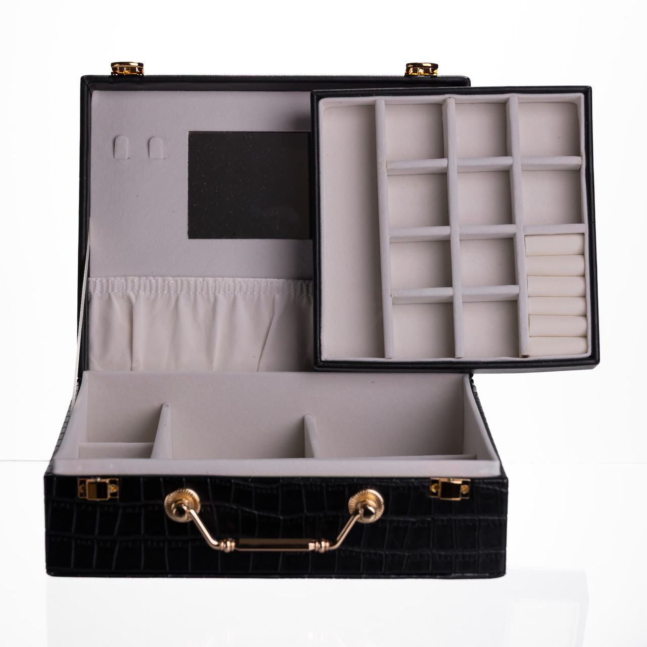 Скринька для прикрас з еко шкіри 19 відділень з дзеркалом 23.5×14×8 см Чорний HP-5-20B - Зображення 5