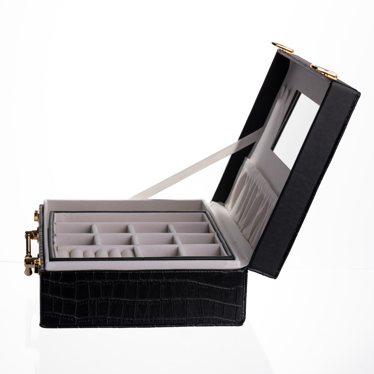 Скринька для прикрас з еко шкіри 19 відділень з дзеркалом 23.5×14×8 см Чорний HP-5-20B - Зображення 6