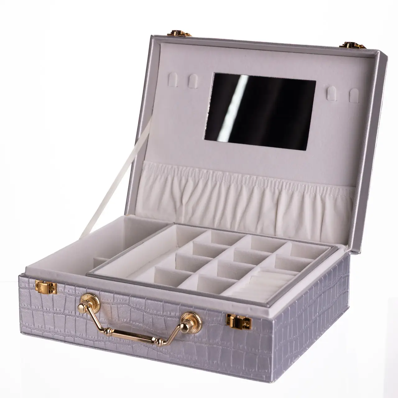 Скринька для прикрас з еко шкіри 19 відділень з дзеркалом 23.5×14×8 см Сірий HP-5-20G - Зображення 2