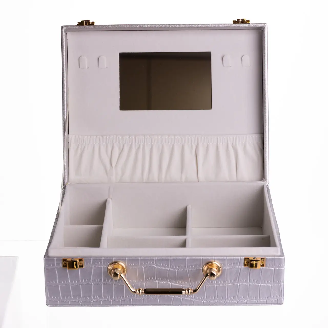 Скринька для прикрас з еко шкіри 19 відділень з дзеркалом 23.5×14×8 см Сірий HP-5-20G - Зображення 3