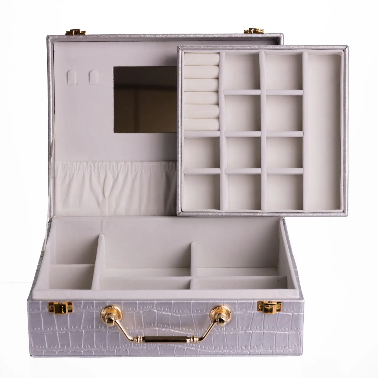 Скринька для прикрас з еко шкіри 19 відділень з дзеркалом 23.5×14×8 см Сірий HP-5-20G - Зображення 4