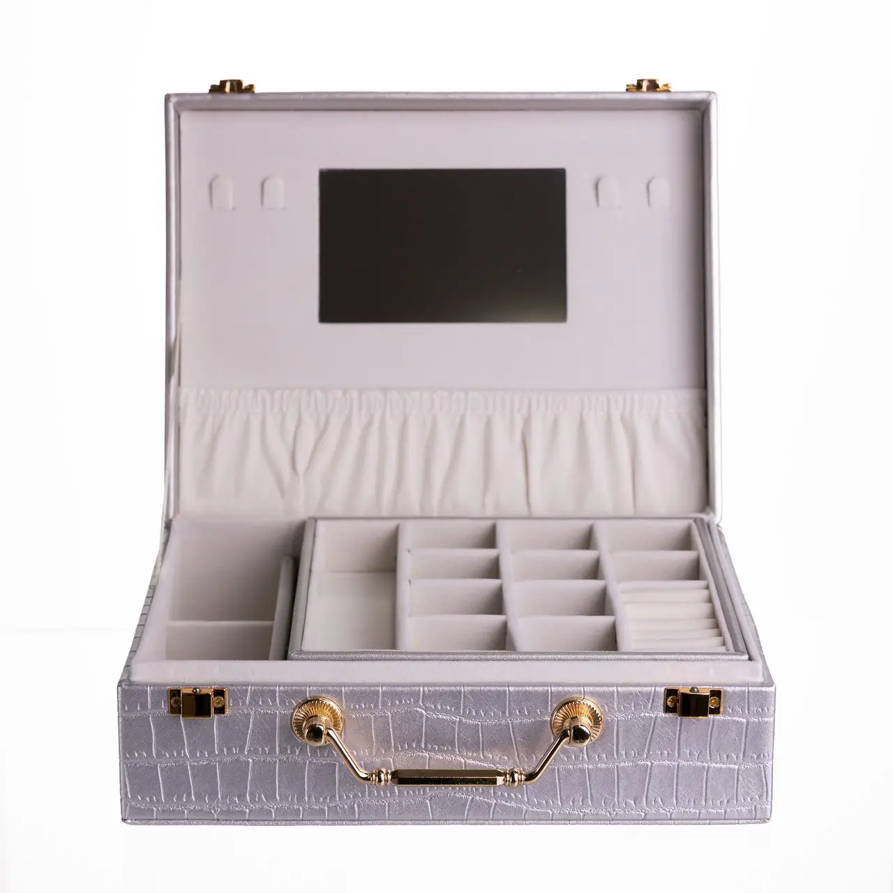 Скринька для прикрас з еко шкіри 19 відділень з дзеркалом 23.5×14×8 см Сірий HP-5-20G - Зображення 5