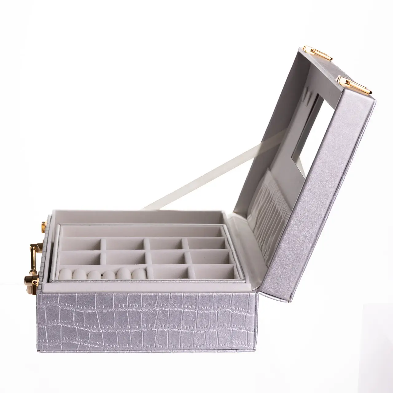 Скринька для прикрас з еко шкіри 19 відділень з дзеркалом 23.5×14×8 см Сірий HP-5-20G - Зображення 7