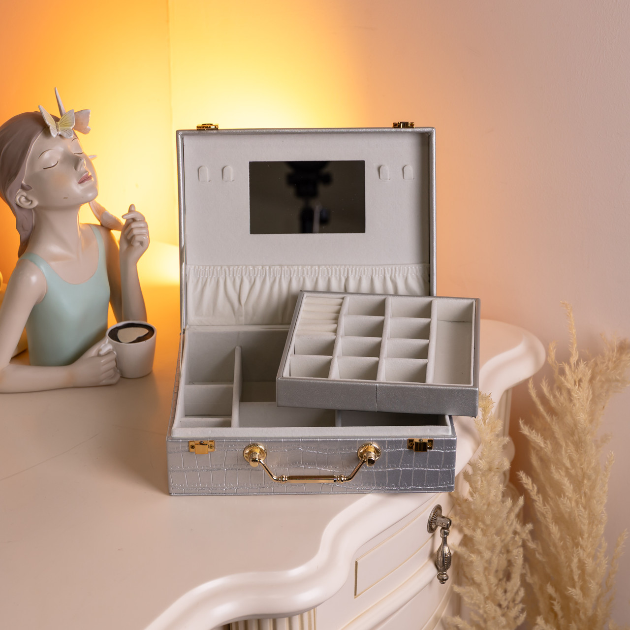 Скринька для прикрас з еко шкіри 19 відділень з дзеркалом 23.5×14×8 см Сірий HP-5-20G - Зображення 10