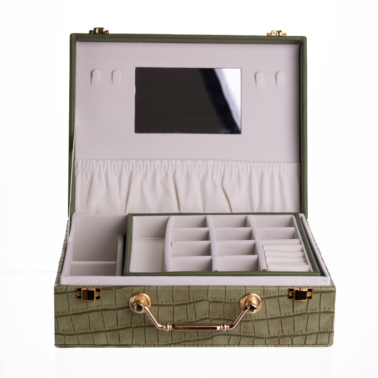 Скринька для прикрас з еко шкіри 19 відділень з дзеркалом 23.5×14×8 см Зелений HP-5-20GR - Зображення 2