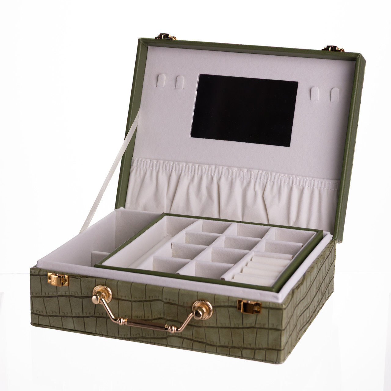 Скринька для прикрас з еко шкіри 19 відділень з дзеркалом 23.5×14×8 см Зелений HP-5-20GR - Зображення 3