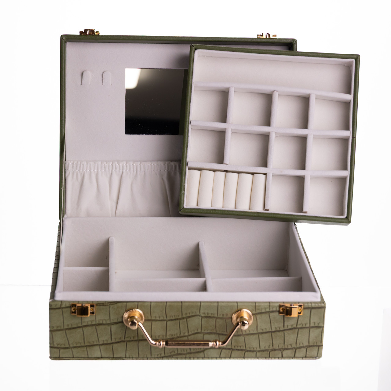 Скринька для прикрас з еко шкіри 19 відділень з дзеркалом 23.5×14×8 см Зелений HP-5-20GR - Зображення 4