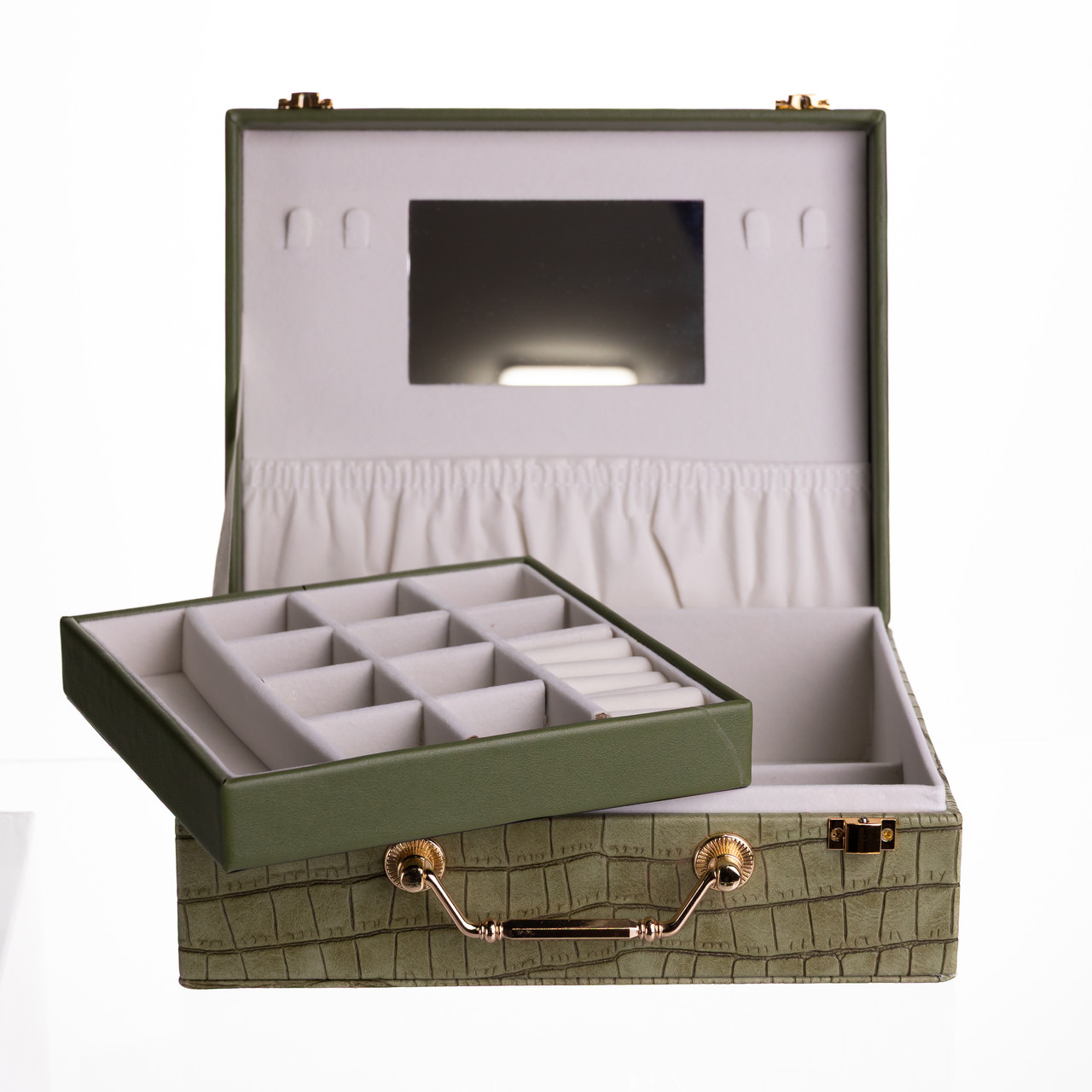 Скринька для прикрас з еко шкіри 19 відділень з дзеркалом 23.5×14×8 см Зелений HP-5-20GR - Зображення 5