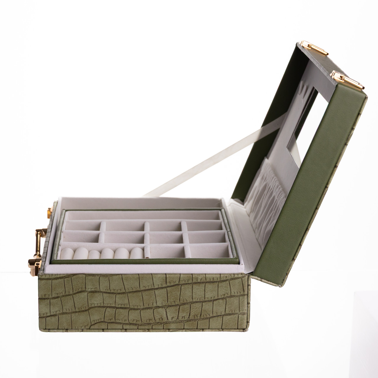 Скринька для прикрас з еко шкіри 19 відділень з дзеркалом 23.5×14×8 см Зелений HP-5-20GR - Зображення 6