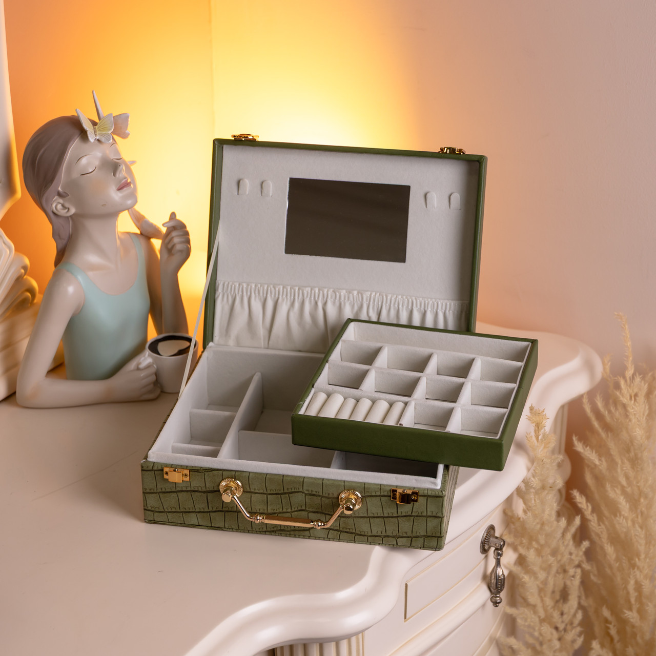 Скринька для прикрас з еко шкіри 19 відділень з дзеркалом 23.5×14×8 см Зелений HP-5-20GR - Зображення 8