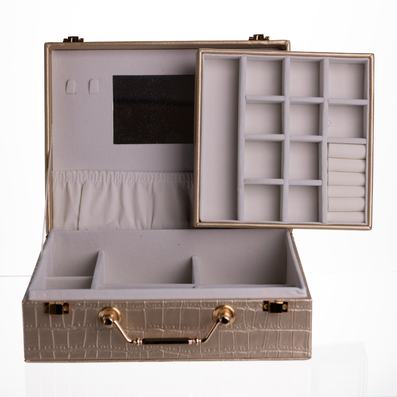 Скринька для прикрас з еко шкіри 19 відділень з дзеркалом 23.5×14×8 см Золотистий HP-5-20GOLD - Зображення 3