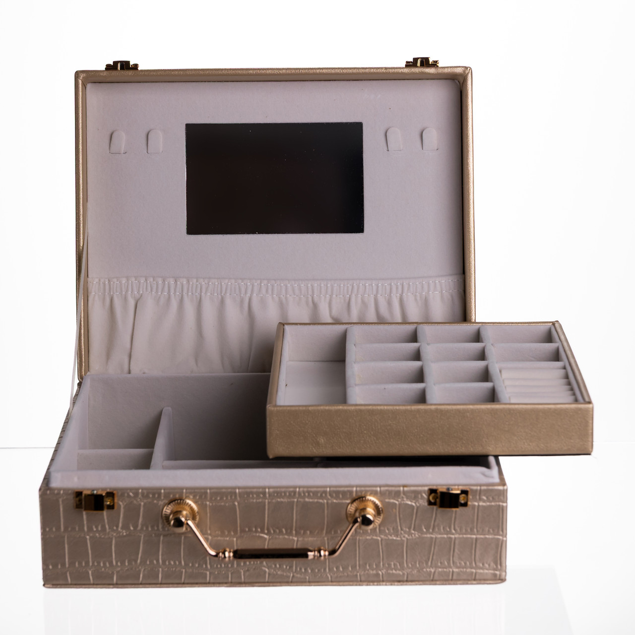 Скринька для прикрас з еко шкіри 19 відділень з дзеркалом 23.5×14×8 см Золотистий HP-5-20GOLD - Зображення 4