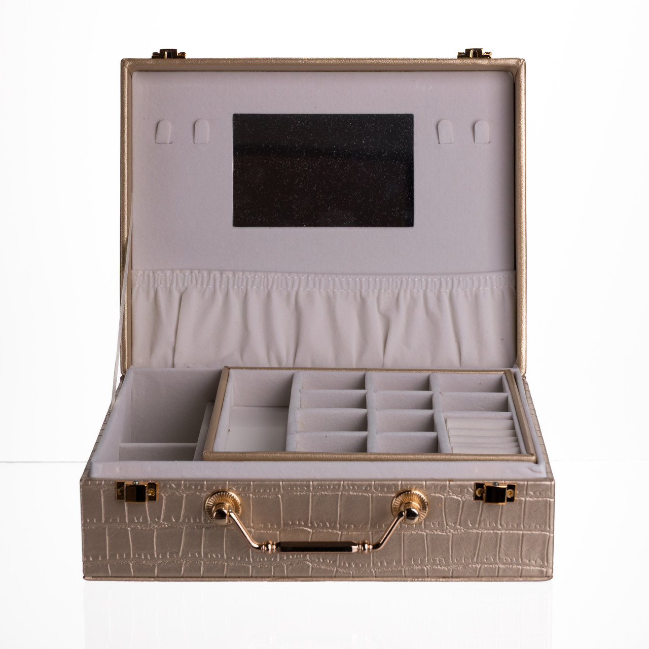 Скринька для прикрас з еко шкіри 19 відділень з дзеркалом 23.5×14×8 см Золотистий HP-5-20GOLD - Зображення 5