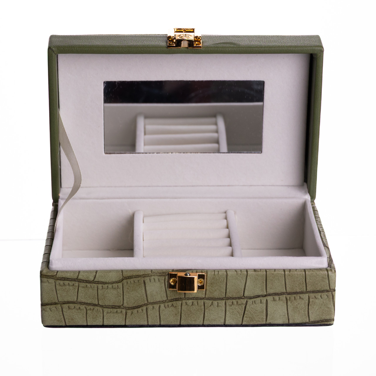 Скринька для прикрас з еко шкіри 3 відділення з дзеркалом 16×10×6 см Зелений HP-5-18GR - Зображення 2