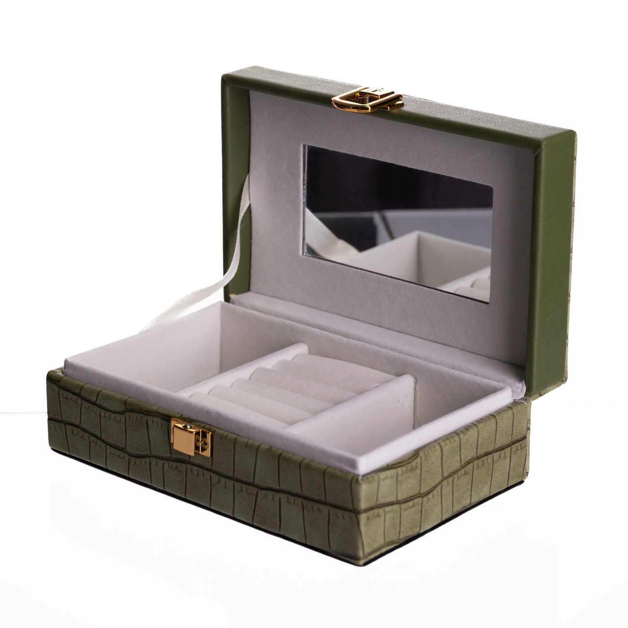 Скринька для прикрас з еко шкіри 3 відділення з дзеркалом 16×10×6 см Зелений HP-5-18GR - Зображення 3