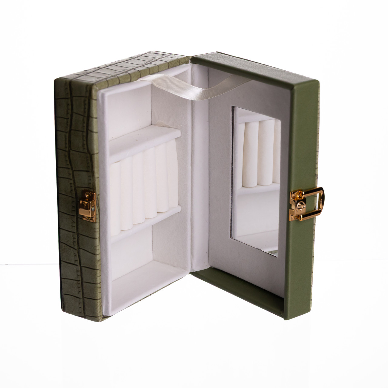 Скринька для прикрас з еко шкіри 3 відділення з дзеркалом 16×10×6 см Зелений HP-5-18GR - Зображення 4